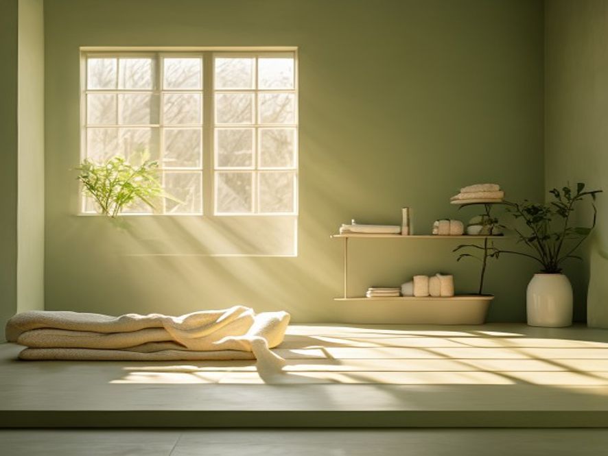 A calm training space with soft morning light, showing movement preparation and proper breathing technique